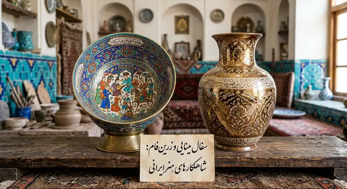 کاسهٔ سفالی با نقاشی چندرنگ روی‌لعابی در کنار ظرفی با درخشش فلزی زرین‌فام