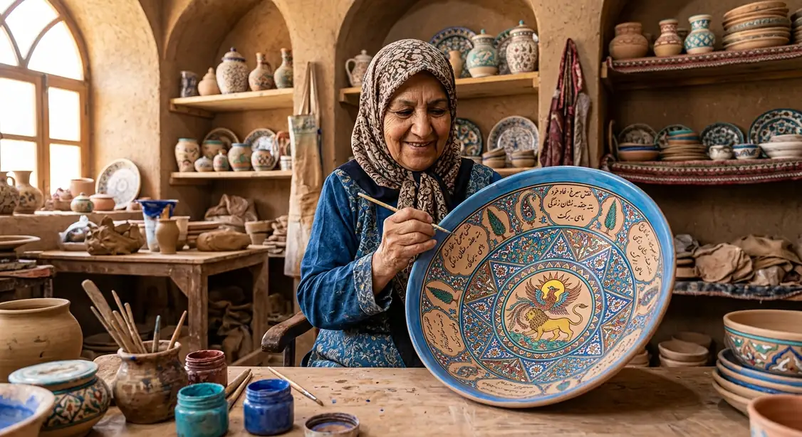 کاسهٔ سفالی ایرانی با لعاب فیروزه‌ای و نقوش سنتی اسلیمی و بز کوهی در حاشیه