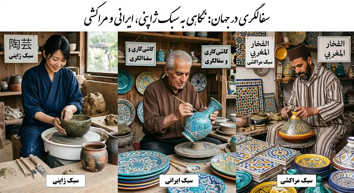 سه کاسه‌ی سفالی دست‌ساز در کنار هم؛ یکی ساده و خاکی، یکی با لعاب فیروزه‌ای پرنقش و یکی با نقوش هندسی آبی و سفید